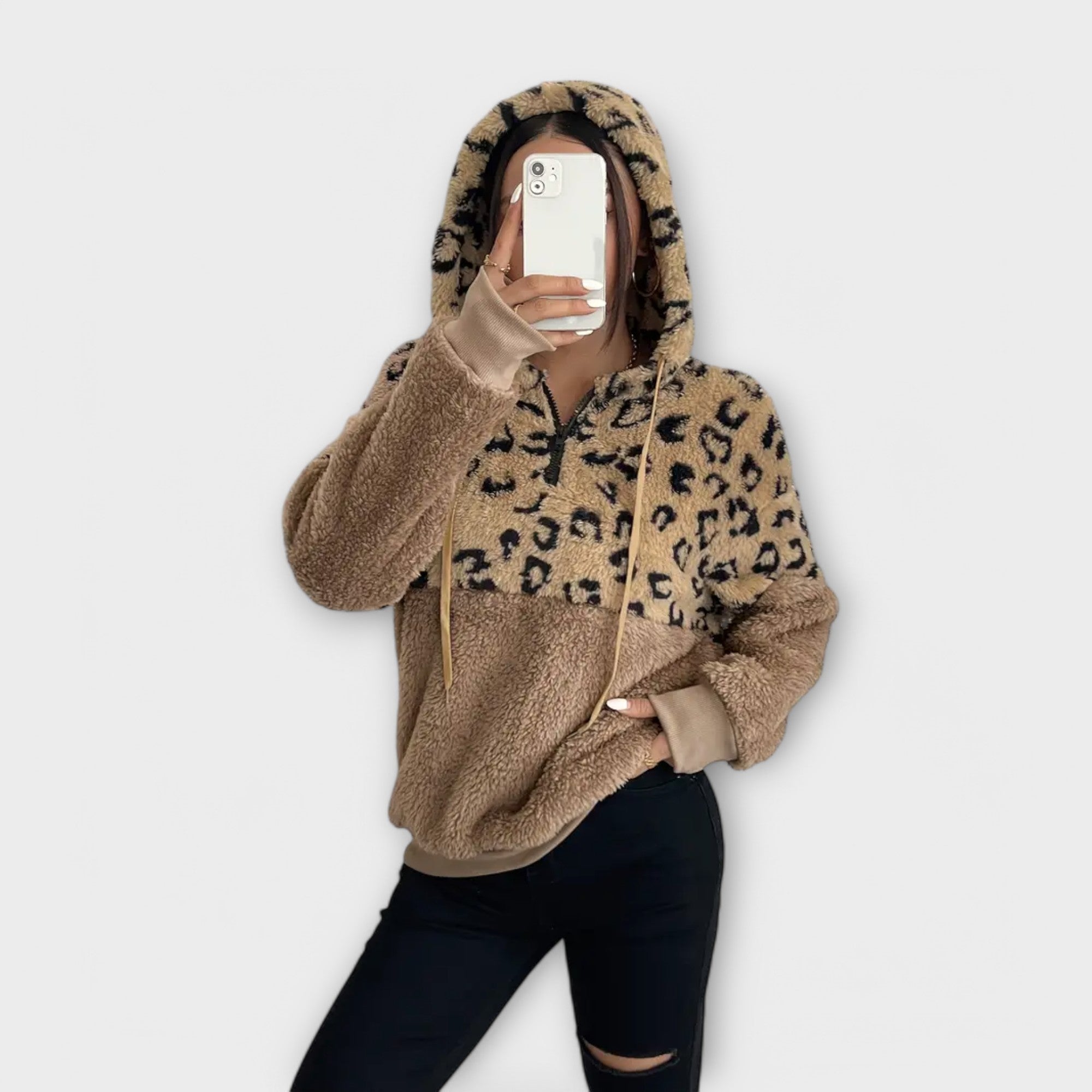 Warm Plush Hoodie with Leopard Print and Patchwork